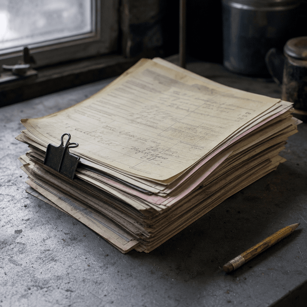 A clipped stack of old handwritten service tickets and job estimates on a steel workbench
